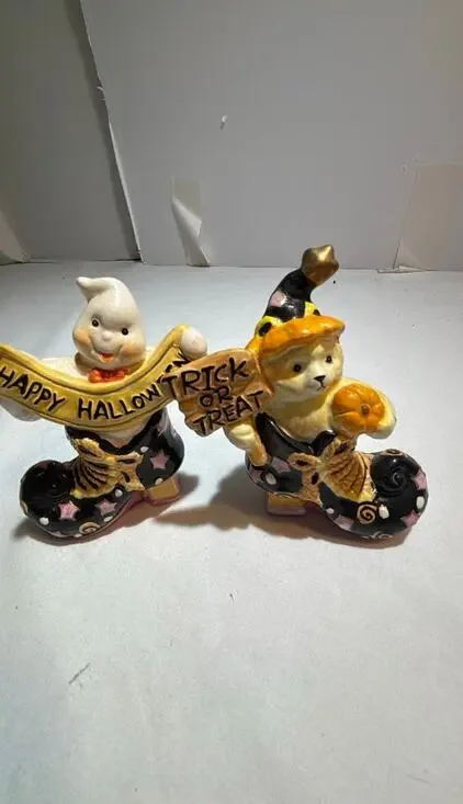 Vintage Halloween Ceramic Figurines - Ghost and Cat