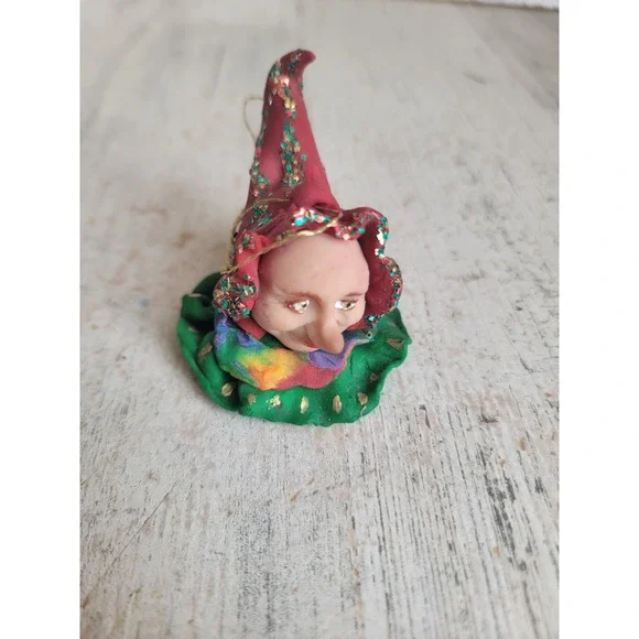 Vintage clay dough jester clown head ornament Xmas unique circus mid evil