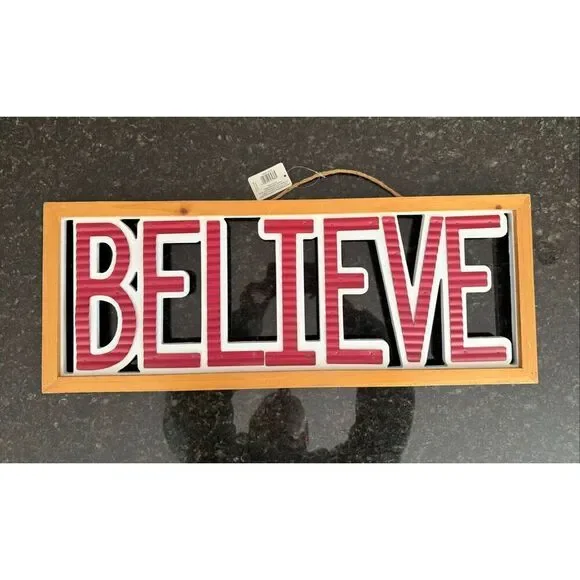 NWT Christmas Believe Wall Decor Sign Wood and Metal 9”x24”