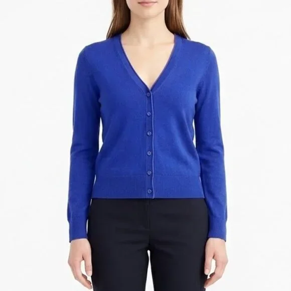 Zara Cobalt Blue V-Neck Button Up Cardigan Knit Sweater Cotton Blend Royal Blue