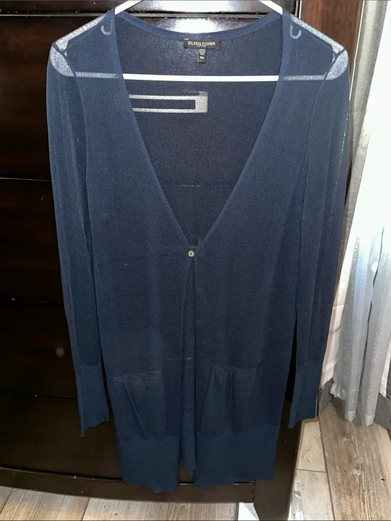 Eileen Fisher Navy Sheer V-Neck Longline Cardigan