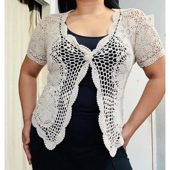Susan Bristol Vintage Women Cardigan XS Beige Cotton Crochet Short Sleeve Button