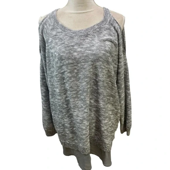 Torrid 3 Cold Shoulder Tunic Sweater‎ Gray Marled Knit Chiffon Hem Long Sleeve