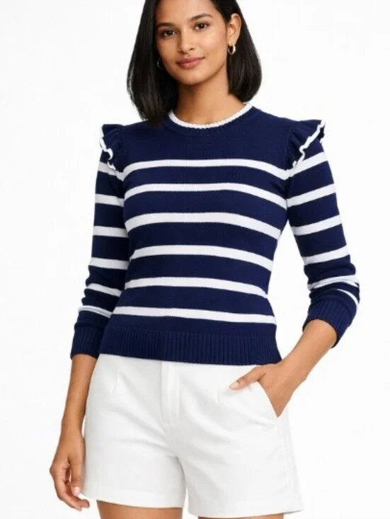 cupcakes & cashmere Navy and White Striped Sweater Ruffle Shoulder Small
