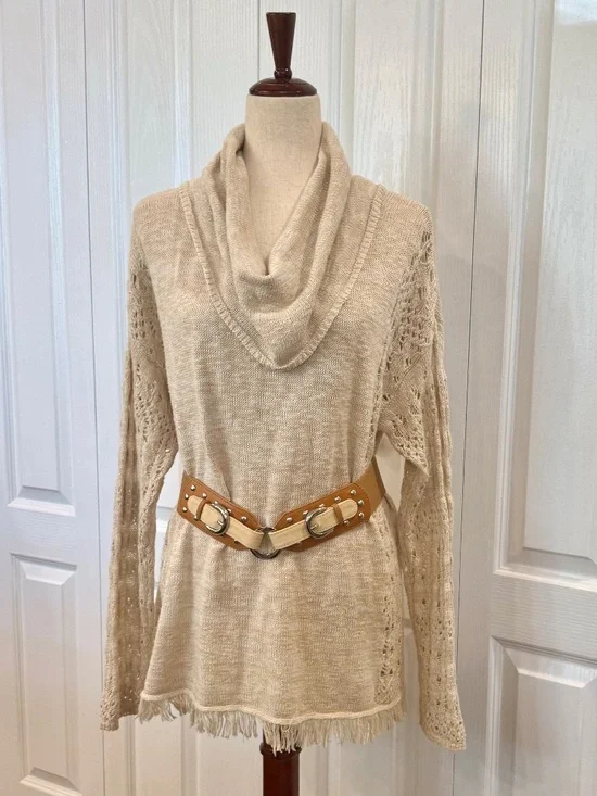 Chico's Women's Size 2 (12-14) Beige Mixed Knit Boho Sweater, Crochet Sleeve
