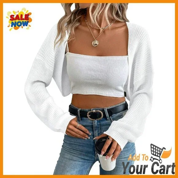 Soft Knit Cropped Cardigan Shrug Long Sleeve Open Front