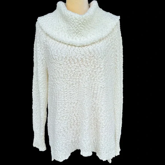 Liz Claiborne Women's Cowl Neck Tunic Sweater Textured Knit Long Sleeve Cream‎ L