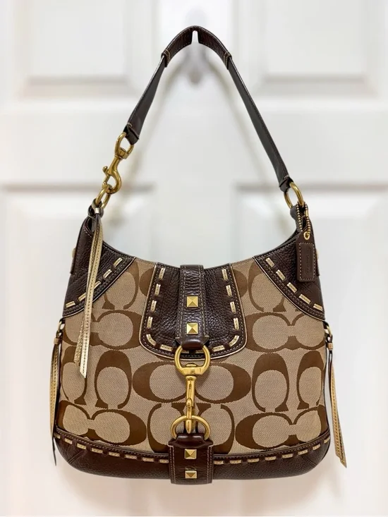 Coach‎ Hamptons Studded Clip Hobo Bag Signature Jacquard Brown