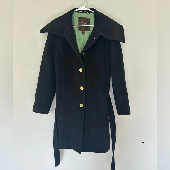 Coach Black Mohair Wool-Blend Belted Coat with Green Lining, Large. Gorgeous!