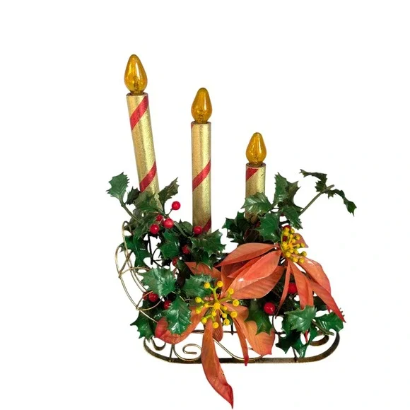 Vintage Lighted Sleigh Christmas Candle Display Holly‎ Poinsettia MCM 13x9x4.5