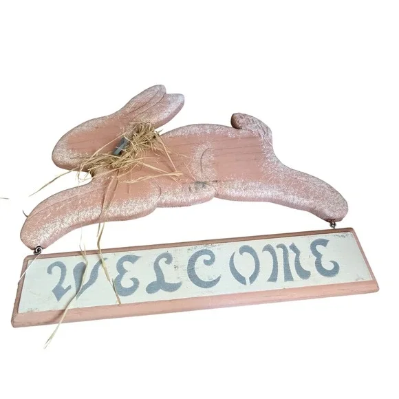 Vintage Rustic Wood Easter Bunny Welcome Sign Pink Distressed Farmhouse Decor