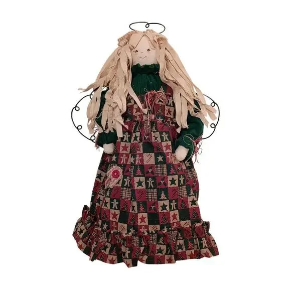 Vintage Angel Tree Topper, Rag Doll, Christmas Dress, Country Theme Size 16