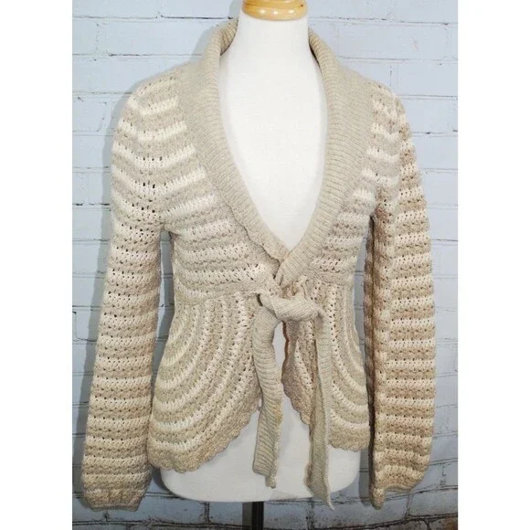 Anthropologie Sleeping On Snow Tie Front Cardigan Sweater Wool Blend Beige Sz. S