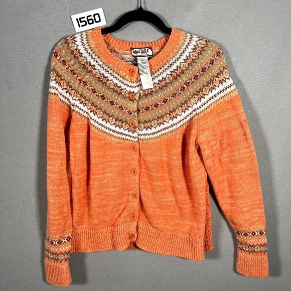 Tiara International Cardigan Sweater Womens PXL Orange‎ Fair Isle Raglan Sleeve