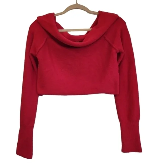 Free People Fuchsia Cropped Cowl Neck Sweater Size L Long Sleeves Ribbed Cuffs