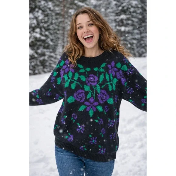 Vtg Black Purple Green Floral Knit Sweater 80s Vintage Women's Size M GFC‎ Inc