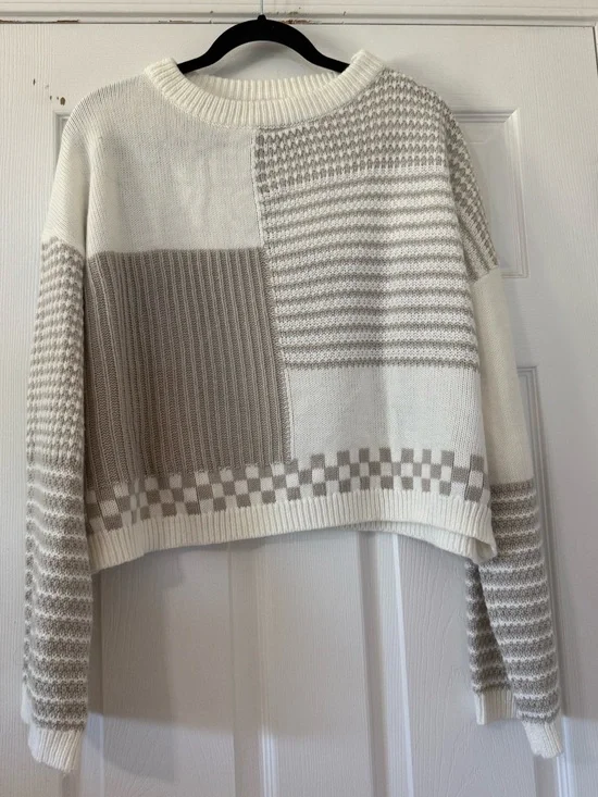Pink Lily Cream & Taupe Patchwork Crewneck Sweater-Medium