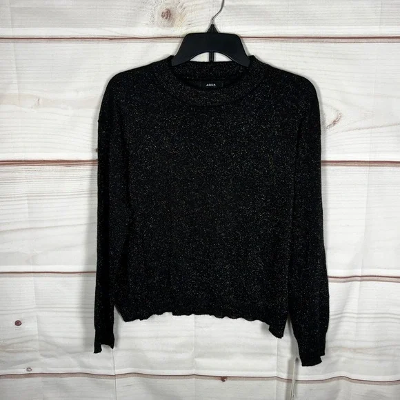 AQUA Speckled Sweater Womens XS Black Metallic Crewneck Lightweight Pullover