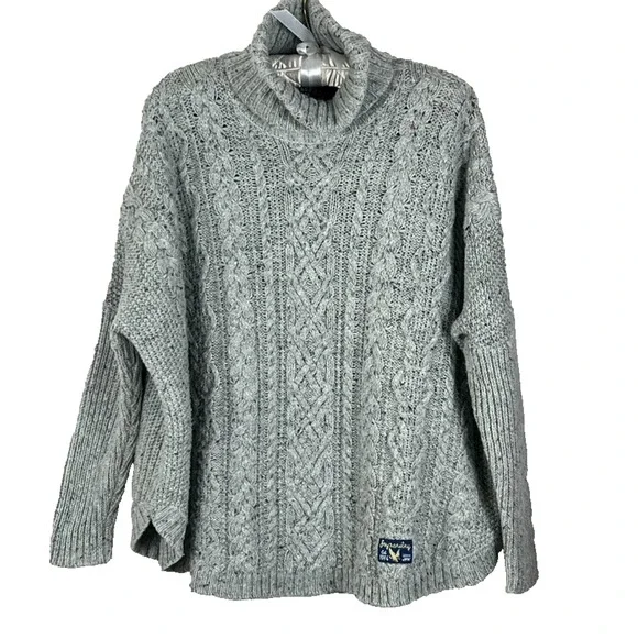 1974 Superdry Sweater Women's Sz 8 Grey Chunky Cable-Knit Turtleneck Long sleeve