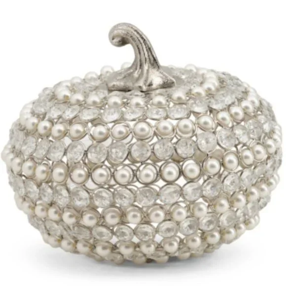 Faux Crystal Pearl Decorative Pumpkin Silver Metal Jeweled Elegant Fall Decor 8