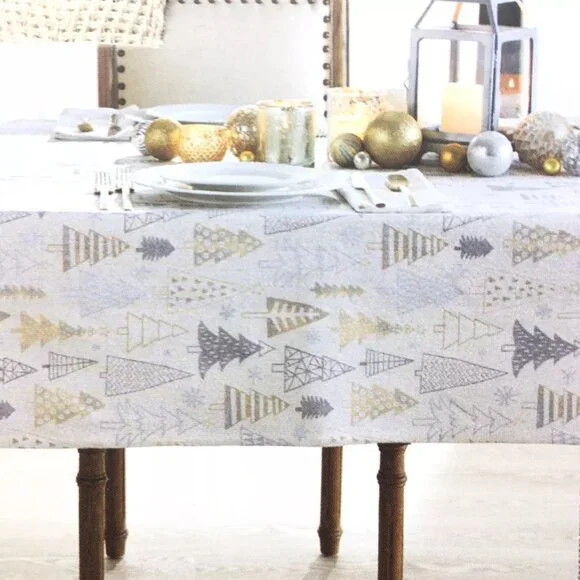 NEW Cynthia Rowley Modern Christmas Trees Gold Tablecloth 60x84 Silver Snowflake