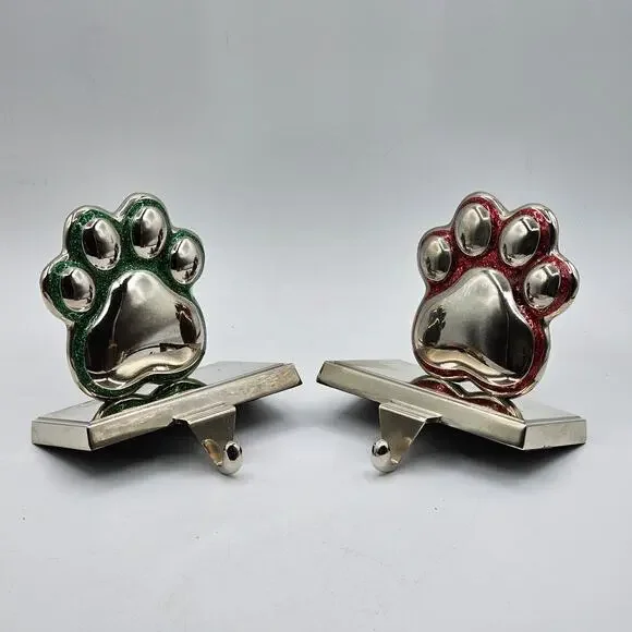 Set of 2 Silver Metal Paw Print Stocking Holder Sparkly Red and Green Christmas