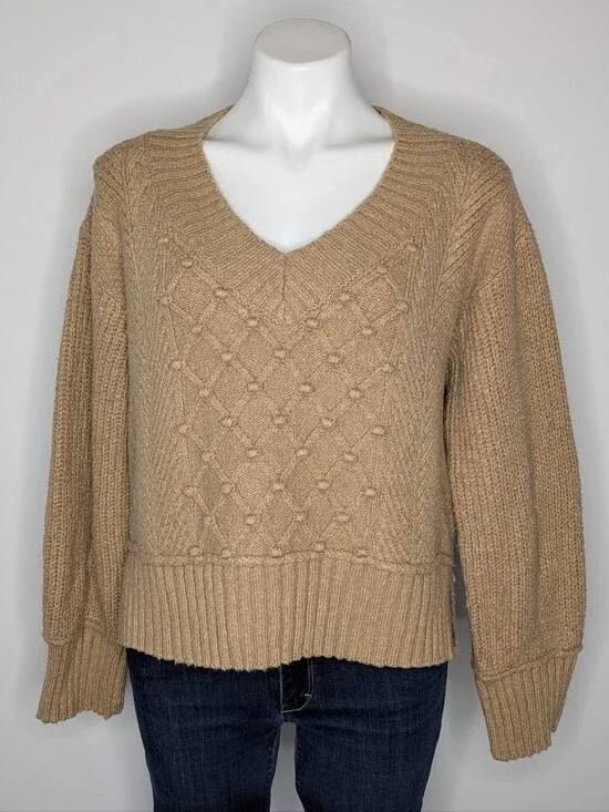 Anthro Maeve Tan Popcorn Knit Long Sleeve V Neck Cotton Blend Sweater M