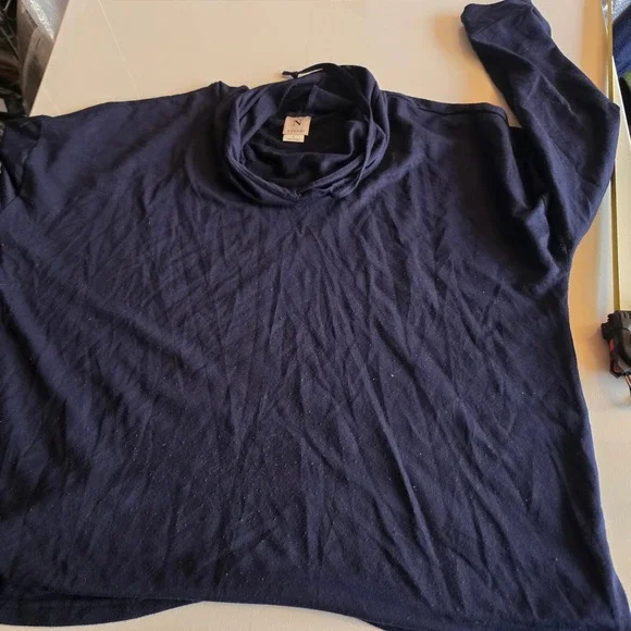 Natori Womens Navy Blue Cowl Neck Lounge Top Long Sleeve Stretch Knit Large