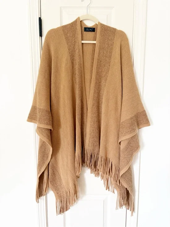 ZLYC Camel Fringe Knit Poncho Shawl Sweater w shimmer accent