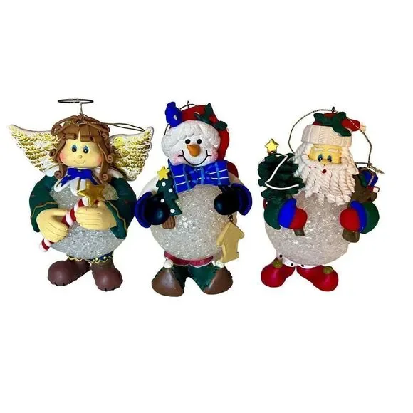VTG Set of 3 Christmas Snowman, Angel & Santa Soft Plastic Snowball Ornaments