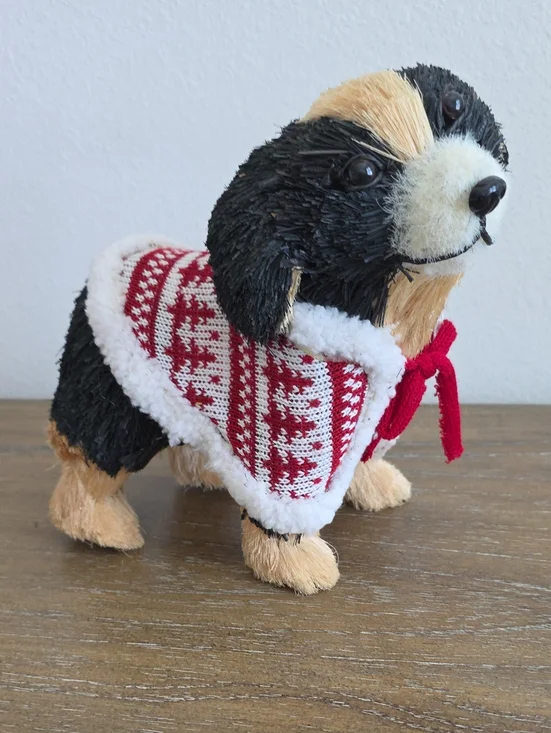 Pier 1 Black Tan Cream Straw Dog with Red Knit Cape