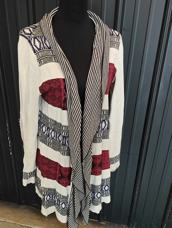 Belldini Cream Cardigan with Burgundy and Navy Accents