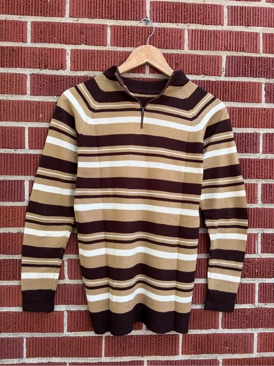 Women’s Striped Quarter-Zip Sweater in Brown and Tan
