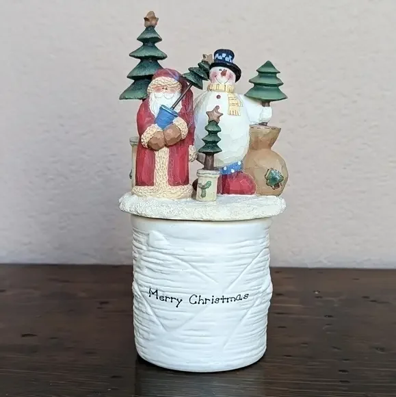 VTG Rustic Christmas Candle Holder With Topper Santa‎ And Snowman 7 1/2