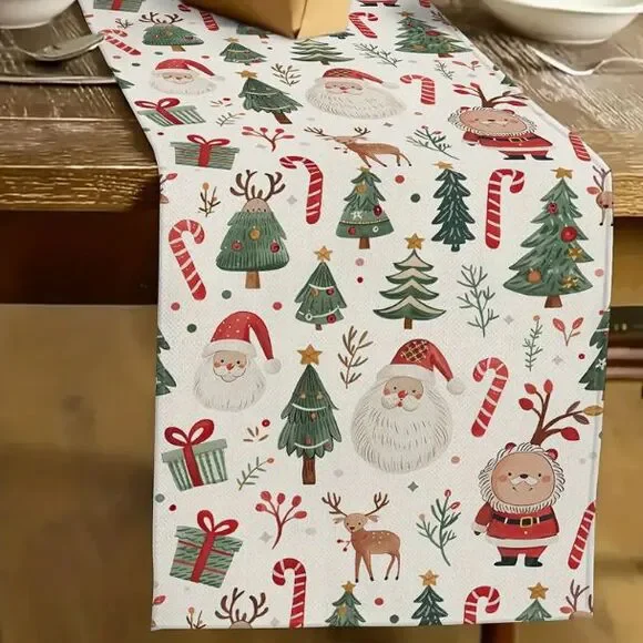 Christmas Table Runner 13x72in Linen Santa Trees Reindeer Candy Canes