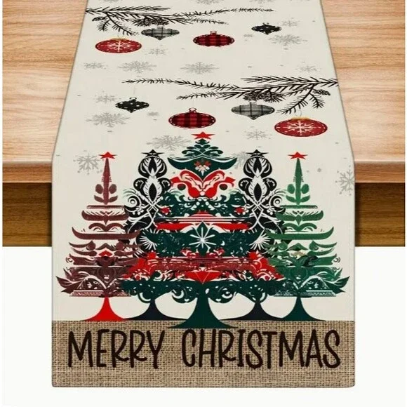 Merry Christmas table Runner 13x72in Woven Polyester Trees & Ornaments