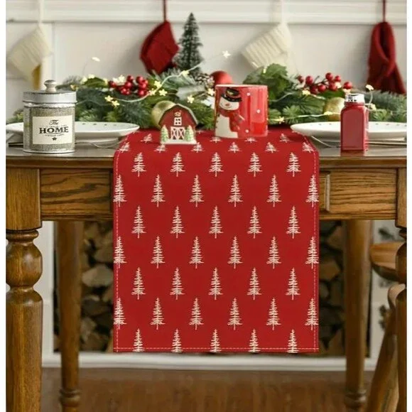 Christmas Table Runner 13x72in Woven Polyester Red Christmas trees