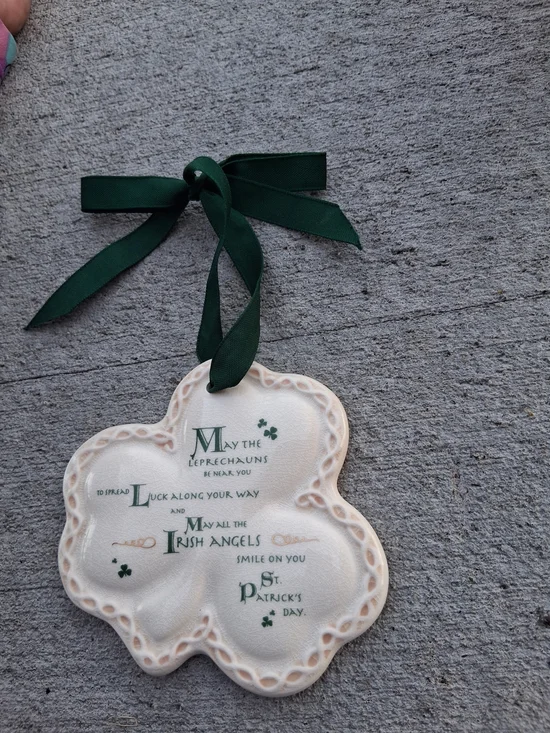 Cream Clover St. Patrick's Day Hanging Ornament with Green Ribbon