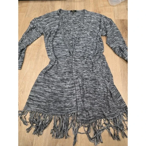 Cupio Women's‎ Size L Marled Open Long Cardigan Sweater Fringe Hem Viscose Knit