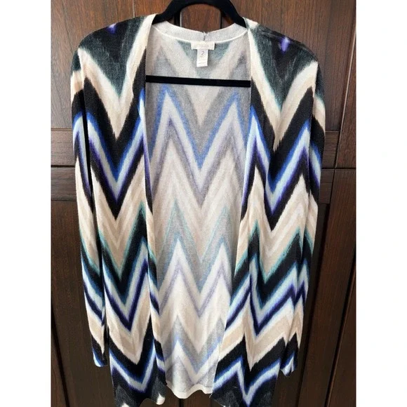 Chico's Open Long Cardigan Womens Size‎ 2 Chevron Lightweight Sweater Black Teal