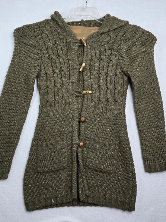 vintage BCBGMAXAZRIA Chunky Hooded Knit Cardigan Sweater - Olive Green