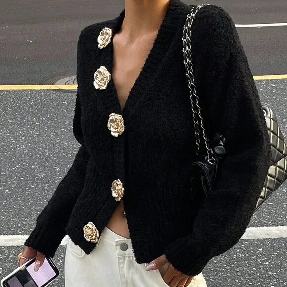 Black Casual Women's V-Neck Rose Button-Up knit sweater Cardigan