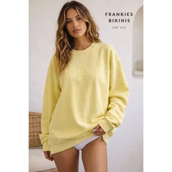 FRANKIES BIKINIS Embroidered Logo Oversized Sweatshirt One Size Lemon Yellow USA