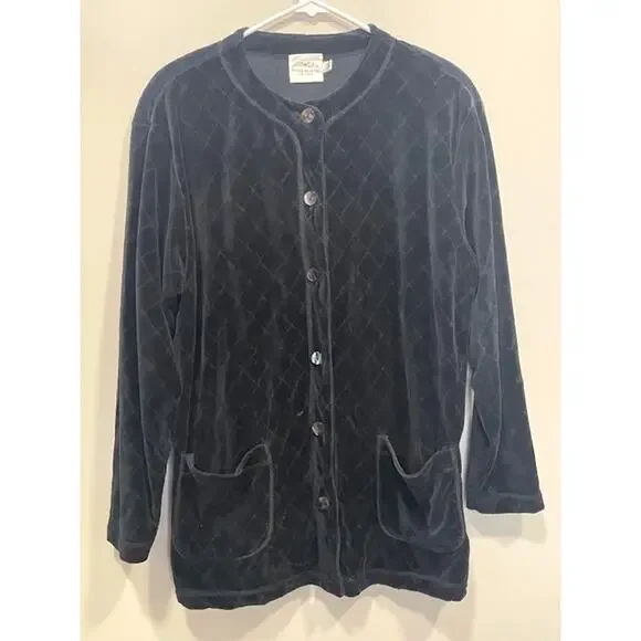Vintage Susan Bristol Casuals Women's Med Black Velvet Quilted Shacket Cardigan