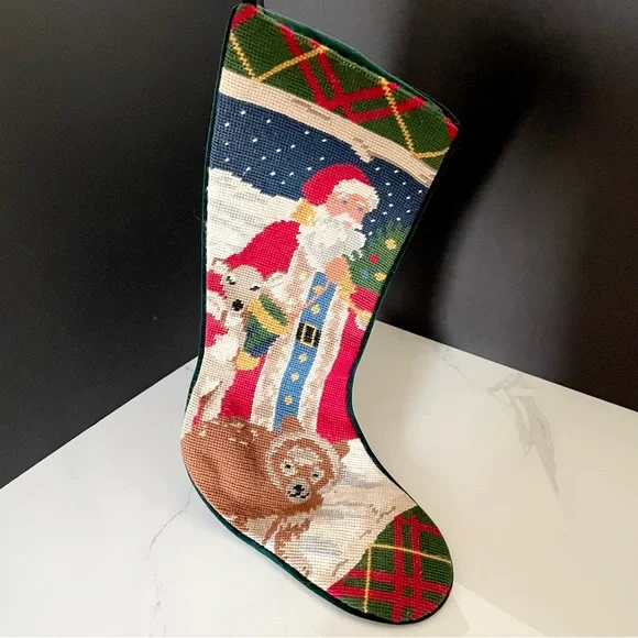 Santa with Animals & Starry Sky Holiday Needlepoint Stocking