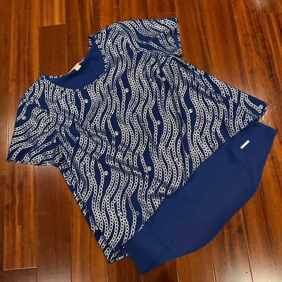 Michael Kors Blue Top Tee Silver Metallic Chain Print Short Sleeve Petite Medium