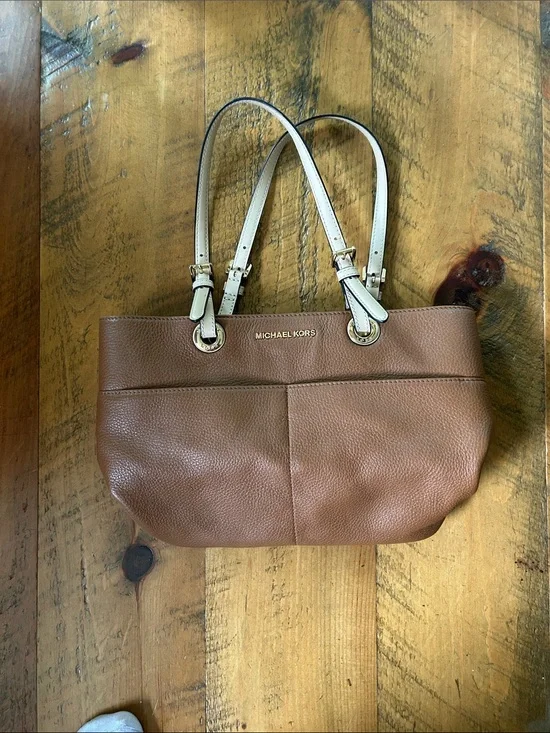 Michael Kors Brown Leather Tote with Cream Handles
