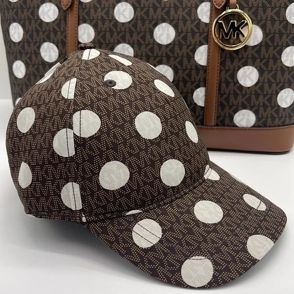 Michael Kors Women's Baseball Cap Hat Adjustable OS Chocolate BROWN DOTS NWT