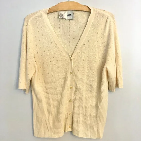 DKNY 3/4 Sleeve V-Neck Cardigan Sweater in Ivory