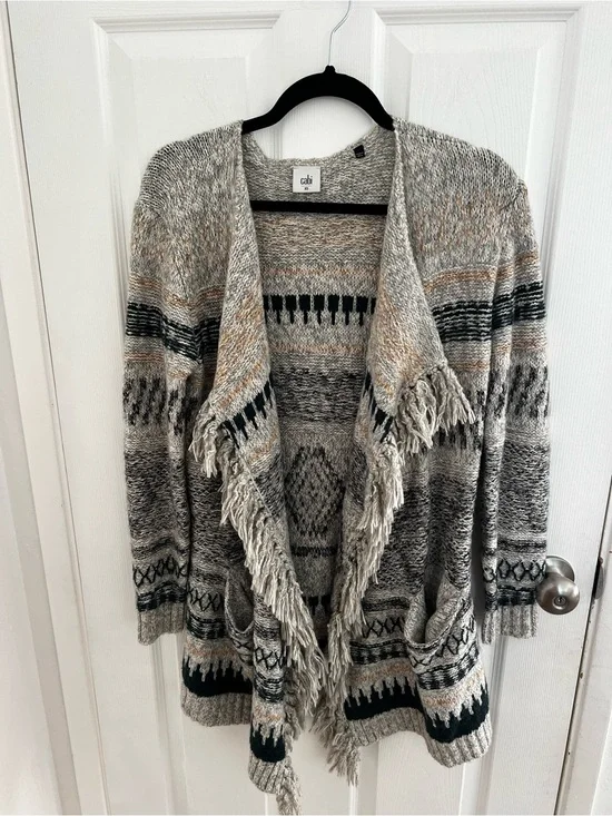 CAbi Gray and Beige Fringed Open-Front Knit Cardigan